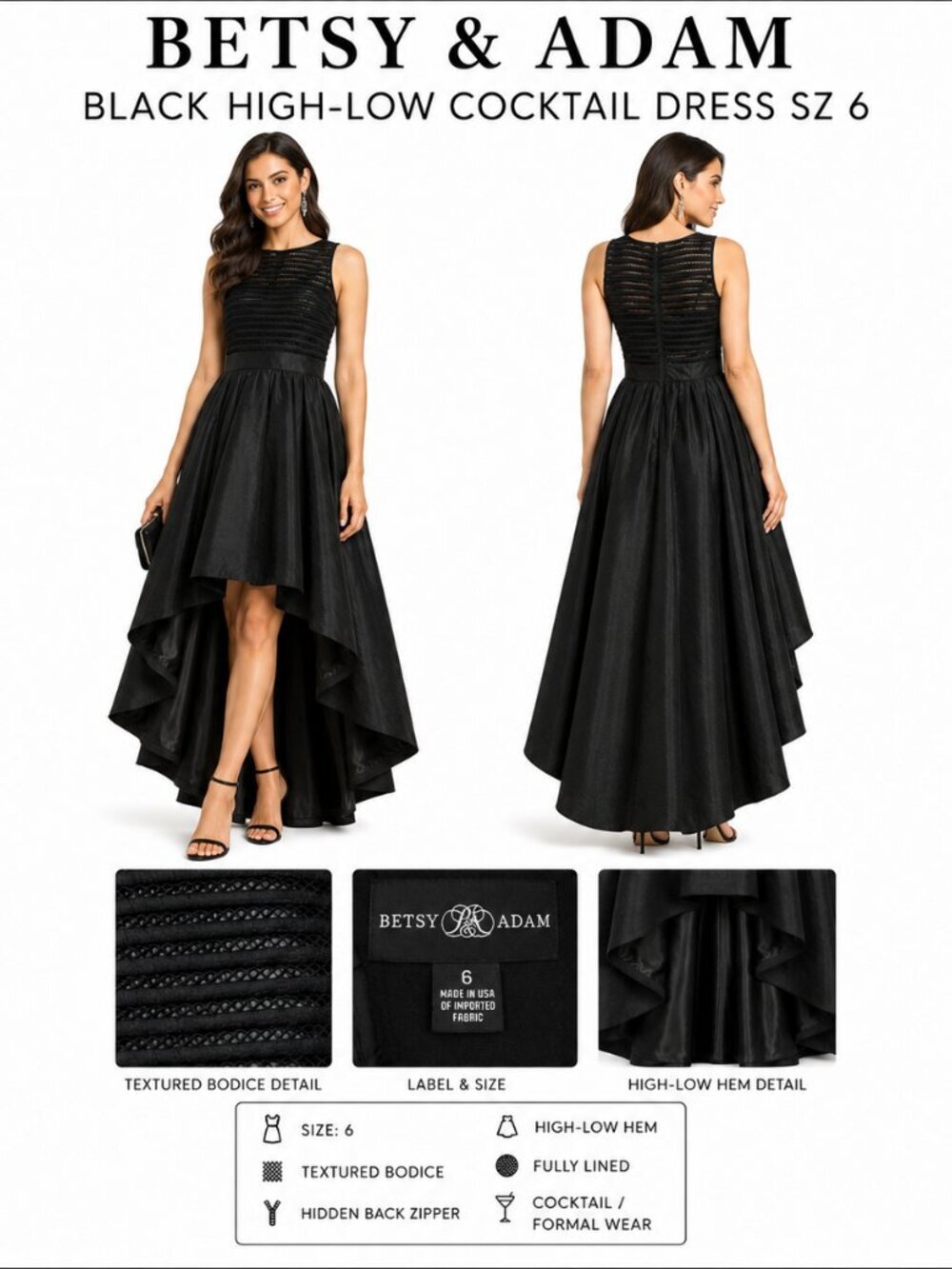 BETSY & ADAM BLACK HIGH-LOW COCKTAIL DRESS SZ 6